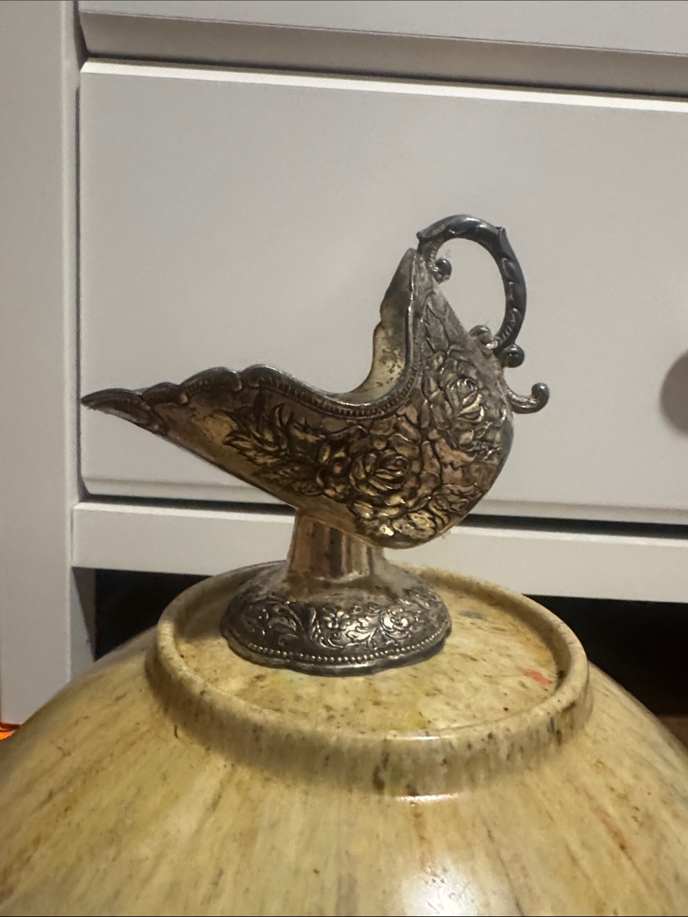 Ornate Floral Metal Pitcher Figurine - Silver Tone